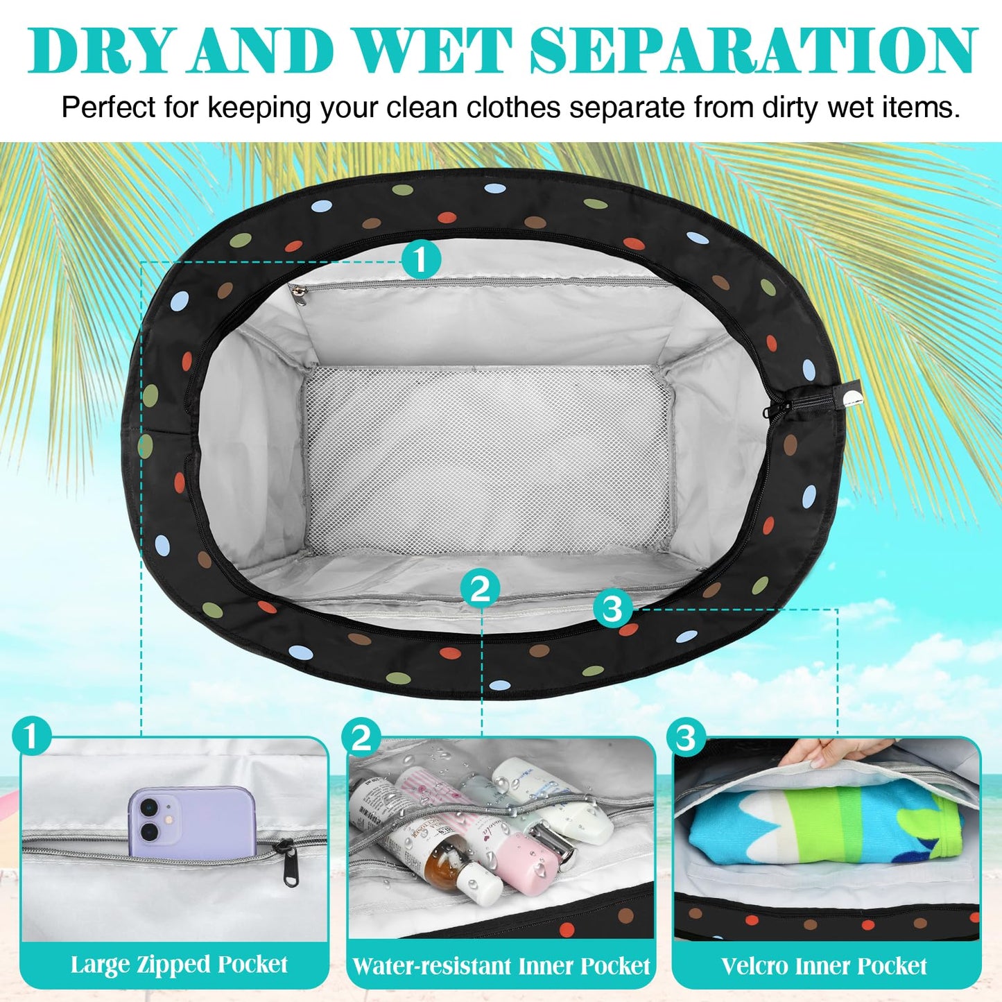 LUROON XXL beach bag with zipper for family, large foldable tote bag for women, ideal for beach, pool, picnic, and travel. Size: 50*35*20cm.