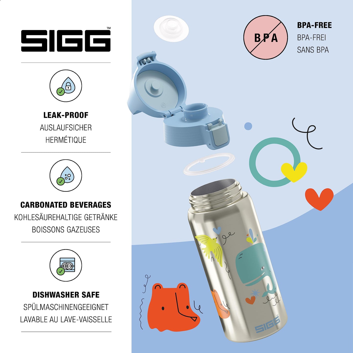 SIGG - Insulated kids water bottle - Shield Therm One Whale Friend - Suitable for carbonated drinks - Leak proof - Dishwasher safe - BPA free - 90% recycled stainless steel - Brushed & Blue with whale - 0.5L