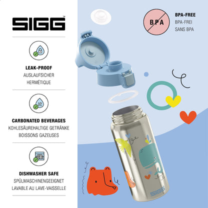 SIGG - Insulated kids water bottle - Shield Therm One Whale Friend - Suitable for carbonated drinks - Leak proof - Dishwasher safe - BPA free - 90% recycled stainless steel - Brushed & Blue with whale - 0.5L