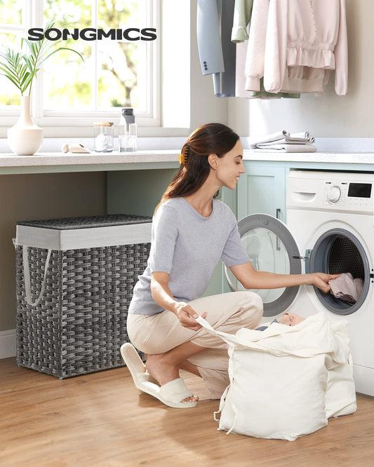 SONGMICS laundry hamper with lid, laundry collector 110 liters, 2 compartments, removable laundry bag with handles, hand-woven, for bedroom, bathroom, 33 x 57 x 60 cm, gray LCB252G01