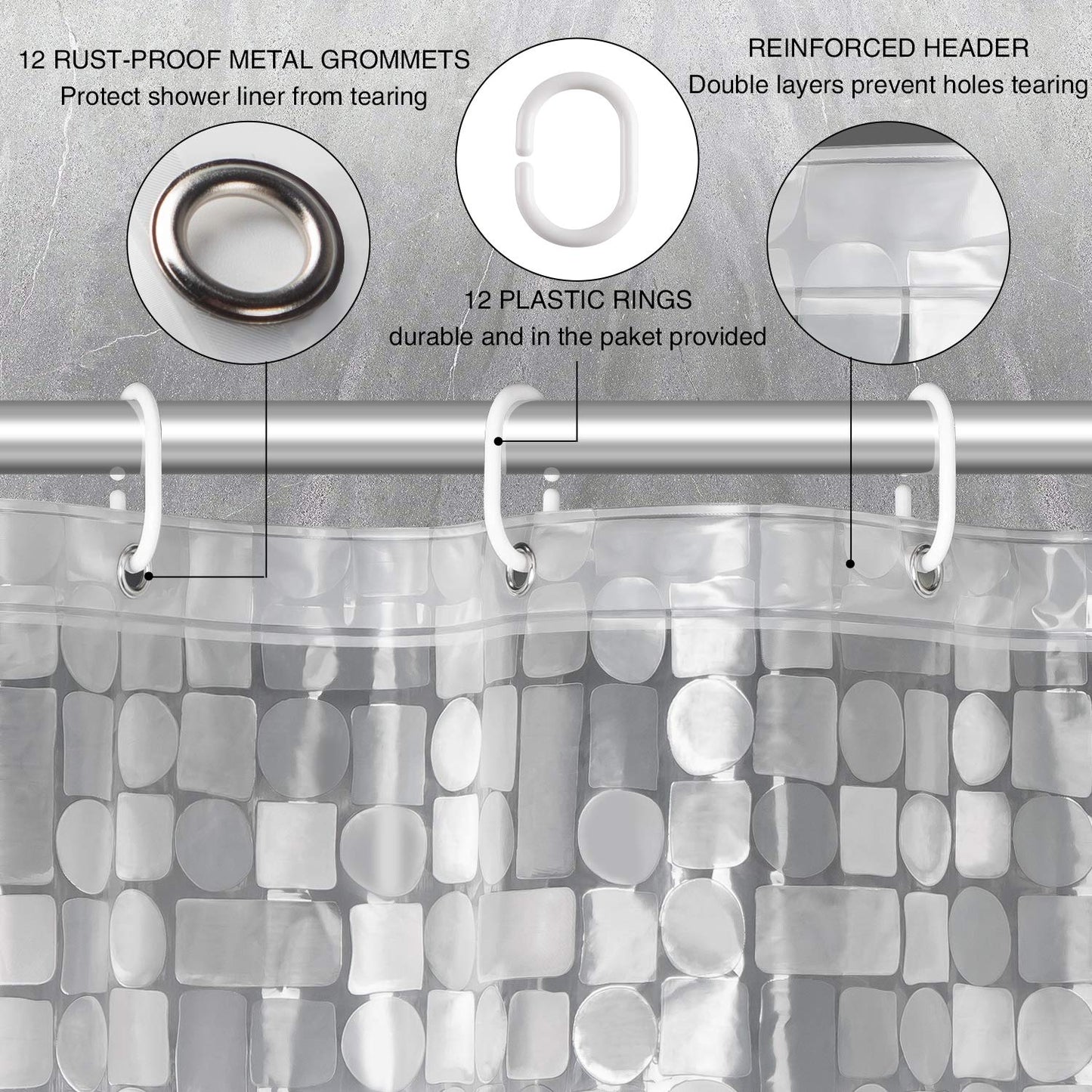 WELTRXE shower curtain with bottom weight magnets, transparent geometric design, made of waterproof and antibacterial Eva material. Size: 183*200cm, comes with 12 curtain rings. Ideal for shower and bathtub.