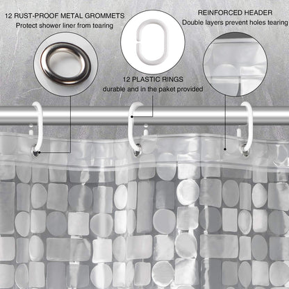 WELTRXE shower curtain with bottom weight magnets, transparent geometric design, made of waterproof and antibacterial Eva material. Size: 183*200cm, comes with 12 curtain rings. Ideal for shower and bathtub.