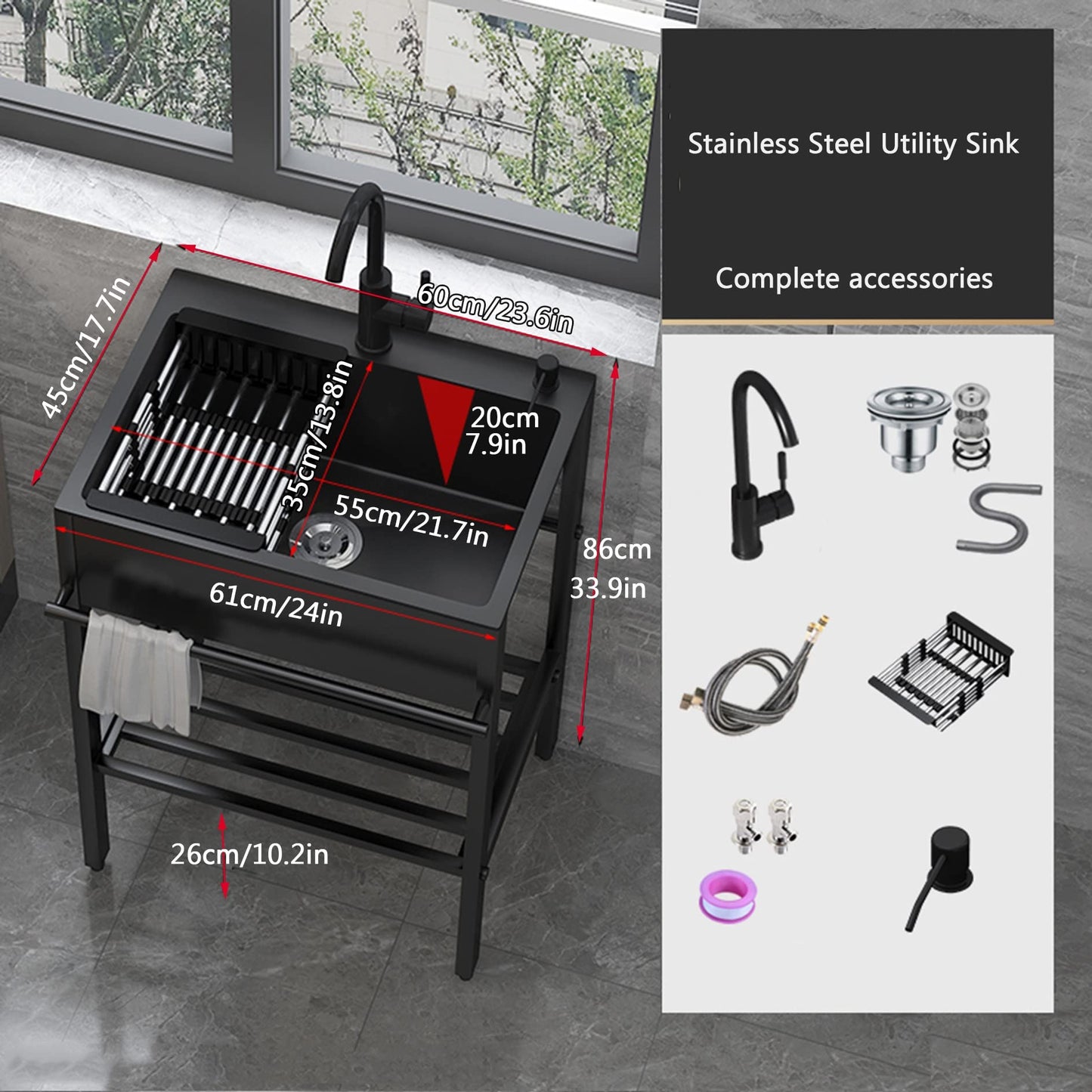 Stainless Steel Standalone Kitchen Sink in Black, with Drainboard for Kitchen Utensils. Great for Kitchen Organization and Storage. Size: 60"