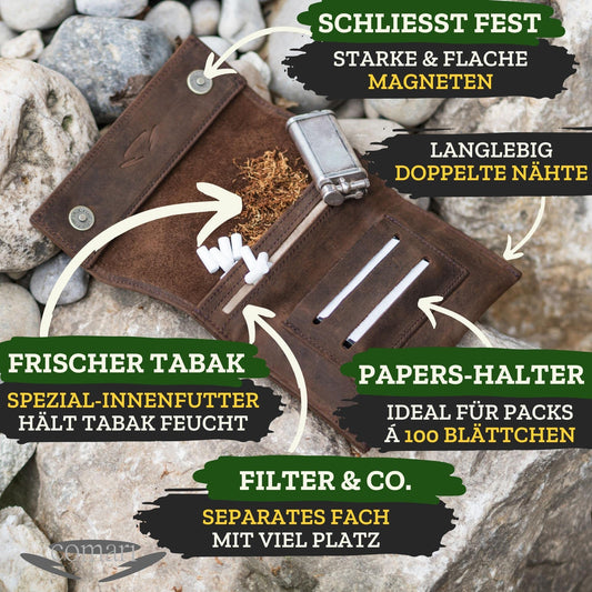 Premium leather tobacco pouch - tobacco bag with magnetic closure - extra double paper & filter compartment - handcrafted rolling pouch (Vintage Brown)