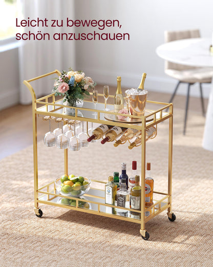 VASAGLE serving cart, rolling cart, glass holder, 2 mirrored glass shelves, bar cart, wine cart, for kitchen, dining room, bar, gold color LRC090A03