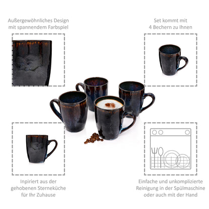 Singer | Coffee cup set Tokyo 4 pcs, coffee mug set for 4 persons, stoneware cup dishwasher safe, handmade cup set, mug set blue-black with brown accents 300 ml | PREMIUM COLLECTION