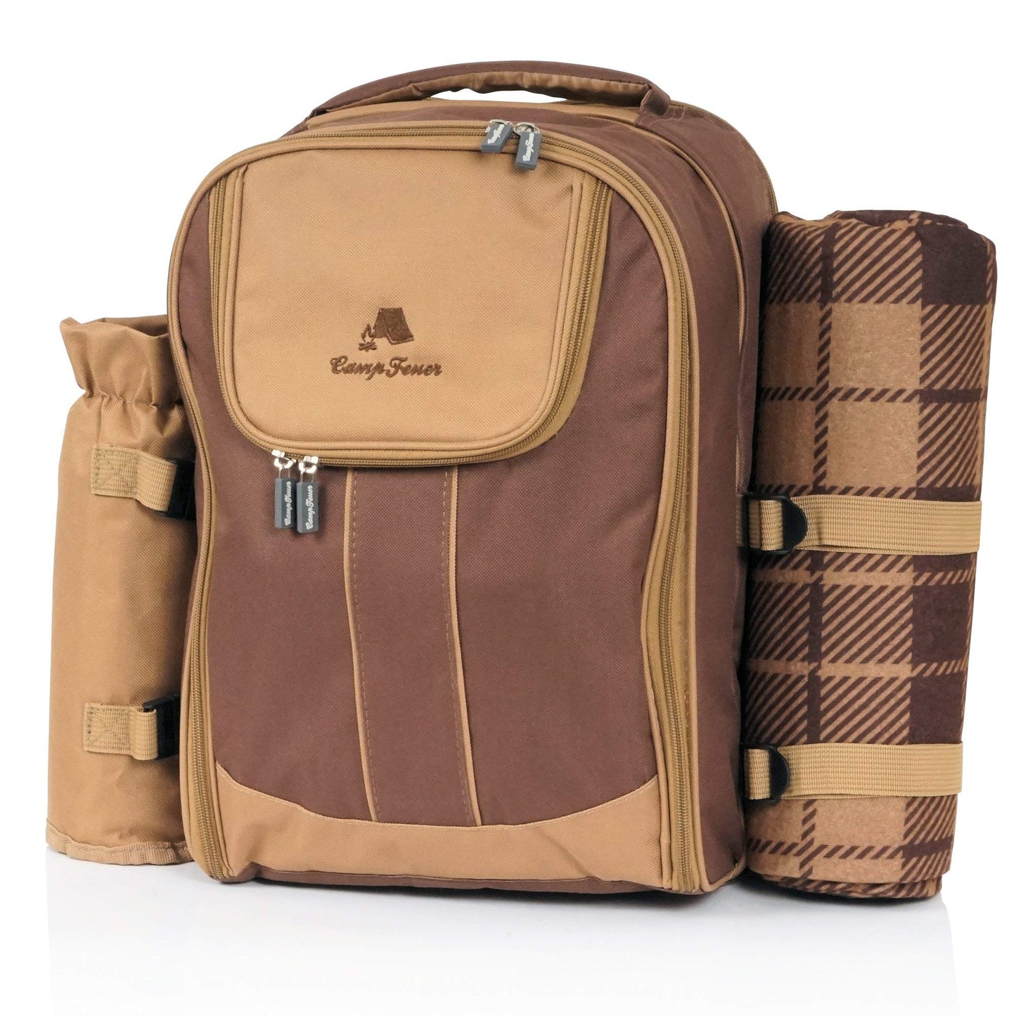 CampFeuer Picnic Backpack for 4 persons | Brown | 32-piece picnic set | including bottle holder and fleece blanket, large cooler compartment, tableware and cutlery | Hiking backpack, camping backpack