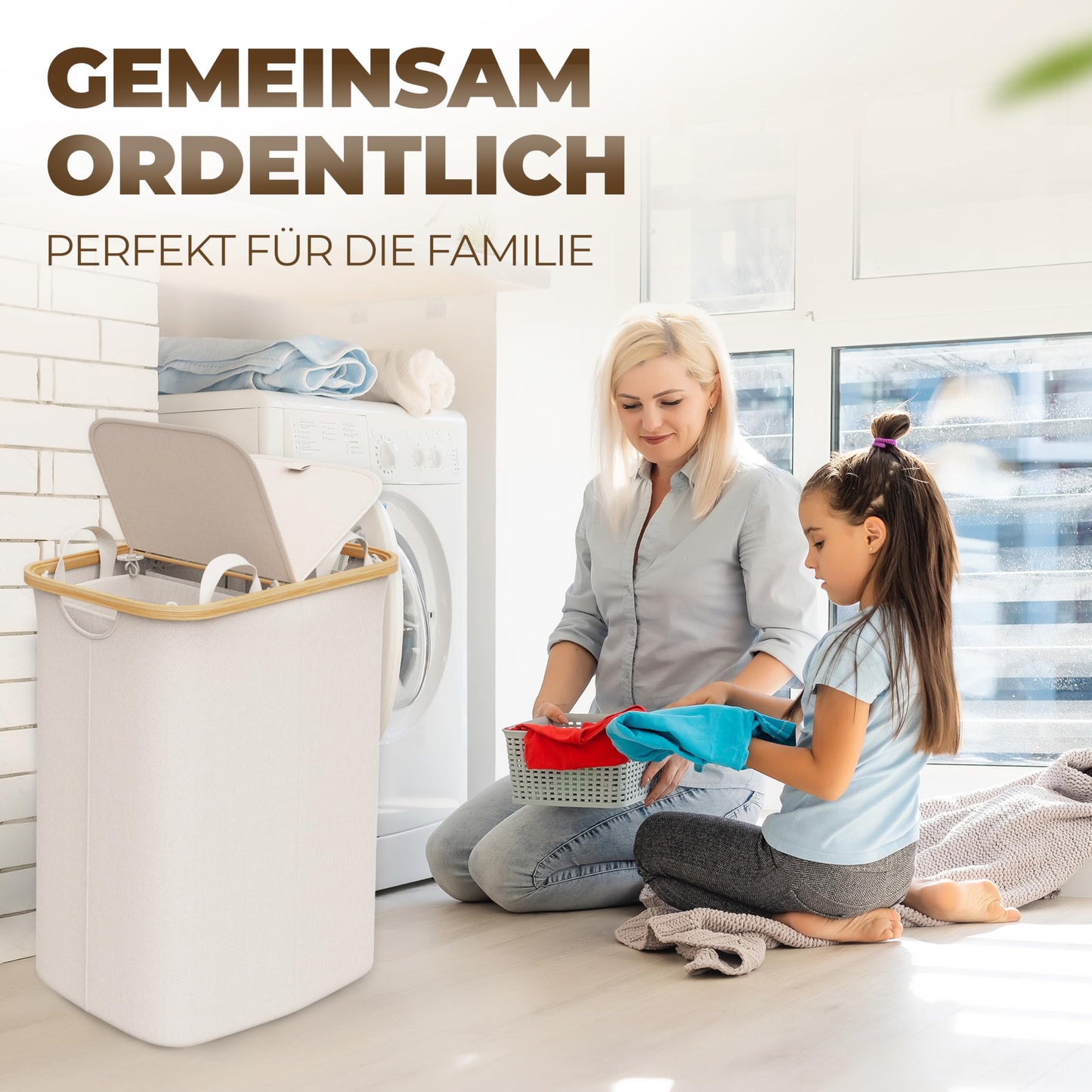 Laundry basket 150L with 2 lids and 2 compartments - Foldable laundry collector made of bamboo fabric Beige - Laundry box, laundry chest, laundry container, laundry separator for bathroom, bedroom & laundry room.