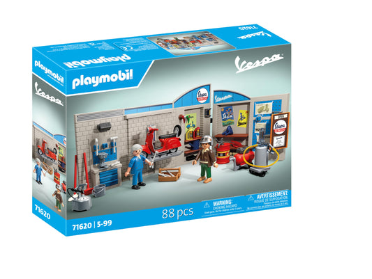 PLAYMOBIL Cars 71620 60s Vespa Garage, including movable lift, with various accessories for an authentic workshop, for vehicle enthusiasts of all ages.