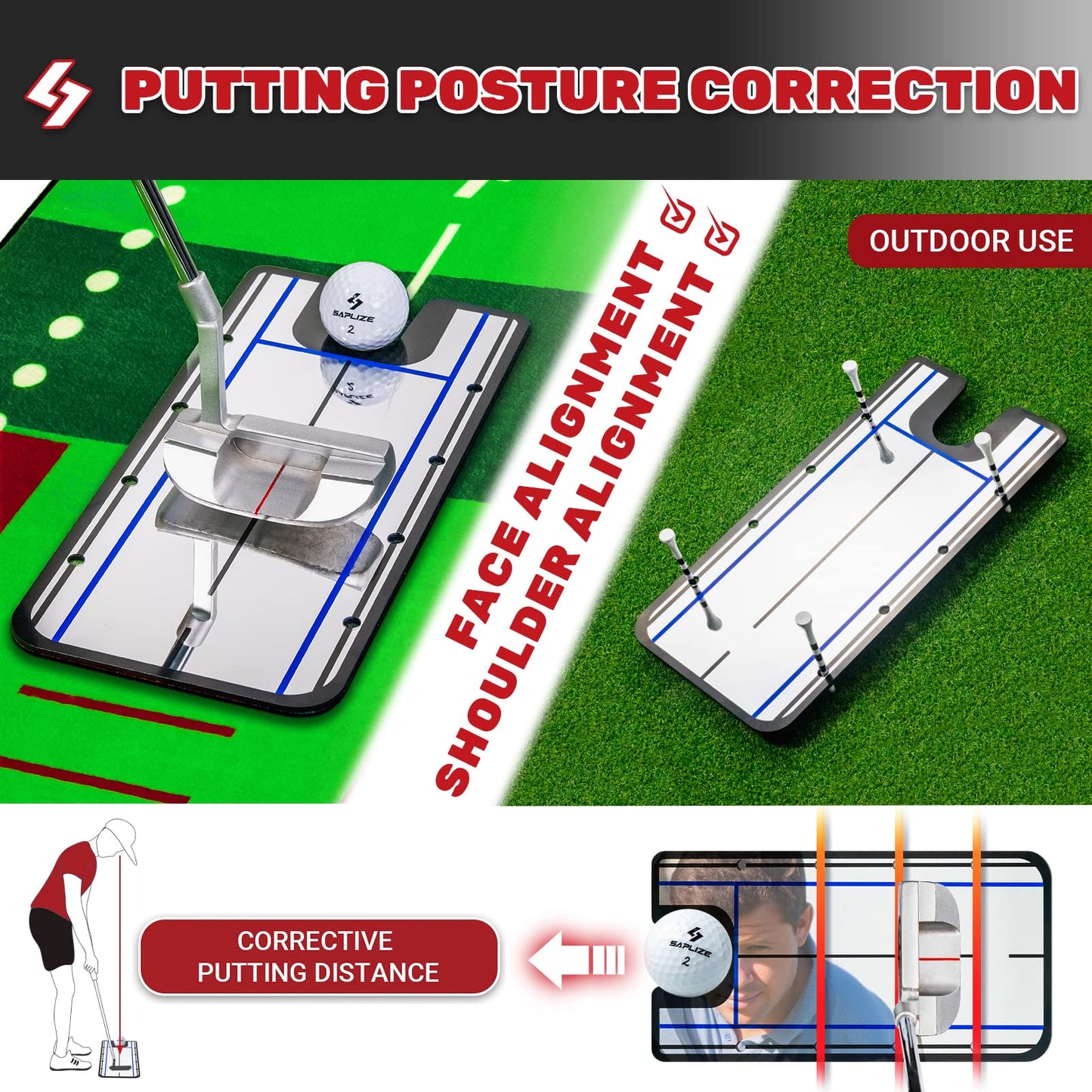 SAPLIZE Golf putting mat with visible ball traces, putting alignment mirror, 20 inches x 10 feet indoor putting mat for home office practice aid.