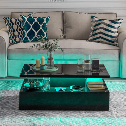 COSTWAY LED coffee table high gloss, living room table with adjustable light colors & brightness, remote control, 2-tier coffee table, rectangular sofa table for living room, black, 110 x 60 x 40 cm.