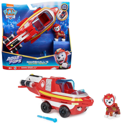 PAW Patrol, Aqua Pups - Base vehicle toy car in dolphin design with Marshall puppy figure, suitable for children aged 3 and up.