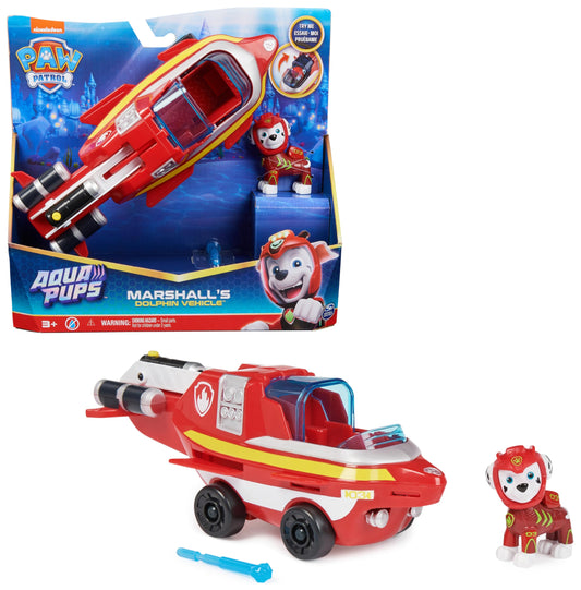 PAW Patrol, Aqua Pups - Base vehicle toy car in dolphin design with Marshall puppy figure, suitable for children aged 3 and up.