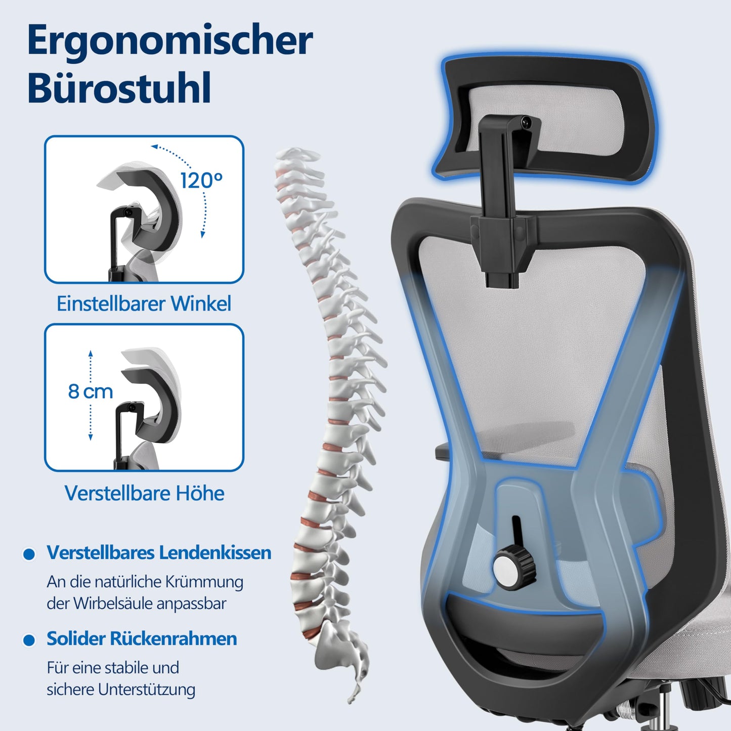 Yaheetech Office Chair Ergonomic, Desk Chair with Adjustable Headrest, Armrests, Lumbar Support, Lockable Height-adjustable Swivel Chair with 90°-130° Reclining Function Light Gray