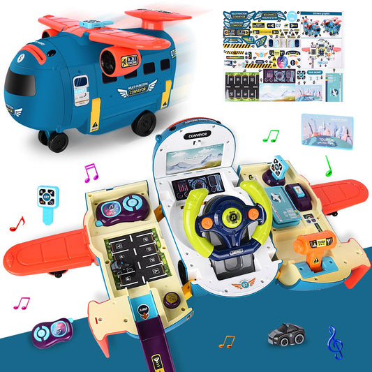 JONRRYIN Airplane Toy Car Set for Ages 3+, 3-in-1 Steering Wheel for Kids with Lights, Sounds Piggy Bank, Airplane Boys Toy Gifts for 2 3 4 5 6 Years (Blue)