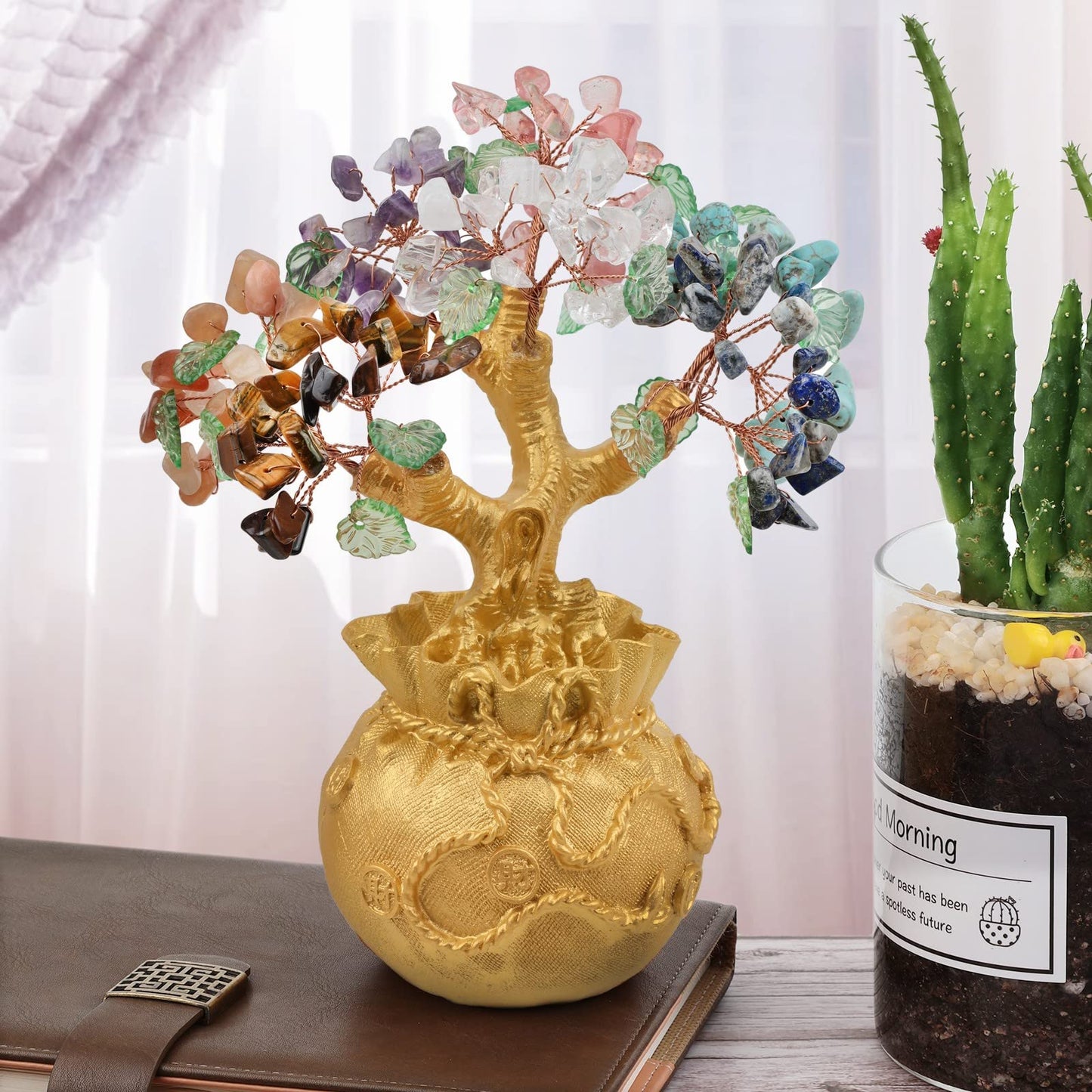 Mookaitedecor 7 Chakra Stone Money Tree with Golden Money Bag Base, Feng Shui Tree Bonsai Ornament for Home & Office Decoration Wealth and Luck.