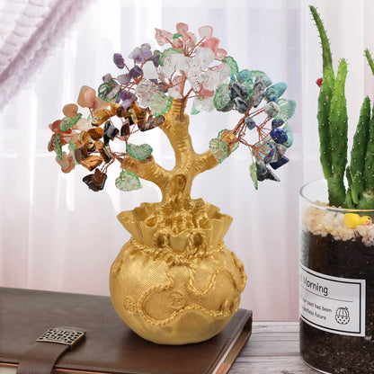 Mookaitedecor 7 Chakra Stone Money Tree with Golden Money Bag Base, Feng Shui Tree Bonsai Ornament for Home & Office Decoration Wealth and Luck.