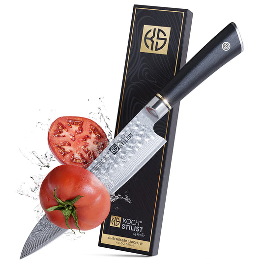 COOKINGSTYLEIST® -NEW- Premium Damascus Knife 20 cm [+ incl. Gift Box] Genuine Damascus steel with 67 layers & VG-10 core for best cutting performance - Chef's knife with elegant wooden handle