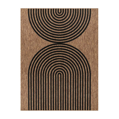 Indoor & Outdoor Rug, weather-resistant, suitable for living room, balcony, kitchen, and terrace. Flat-woven with a sisal-like pattern of boho circles in black. Size: 160x220 cm.