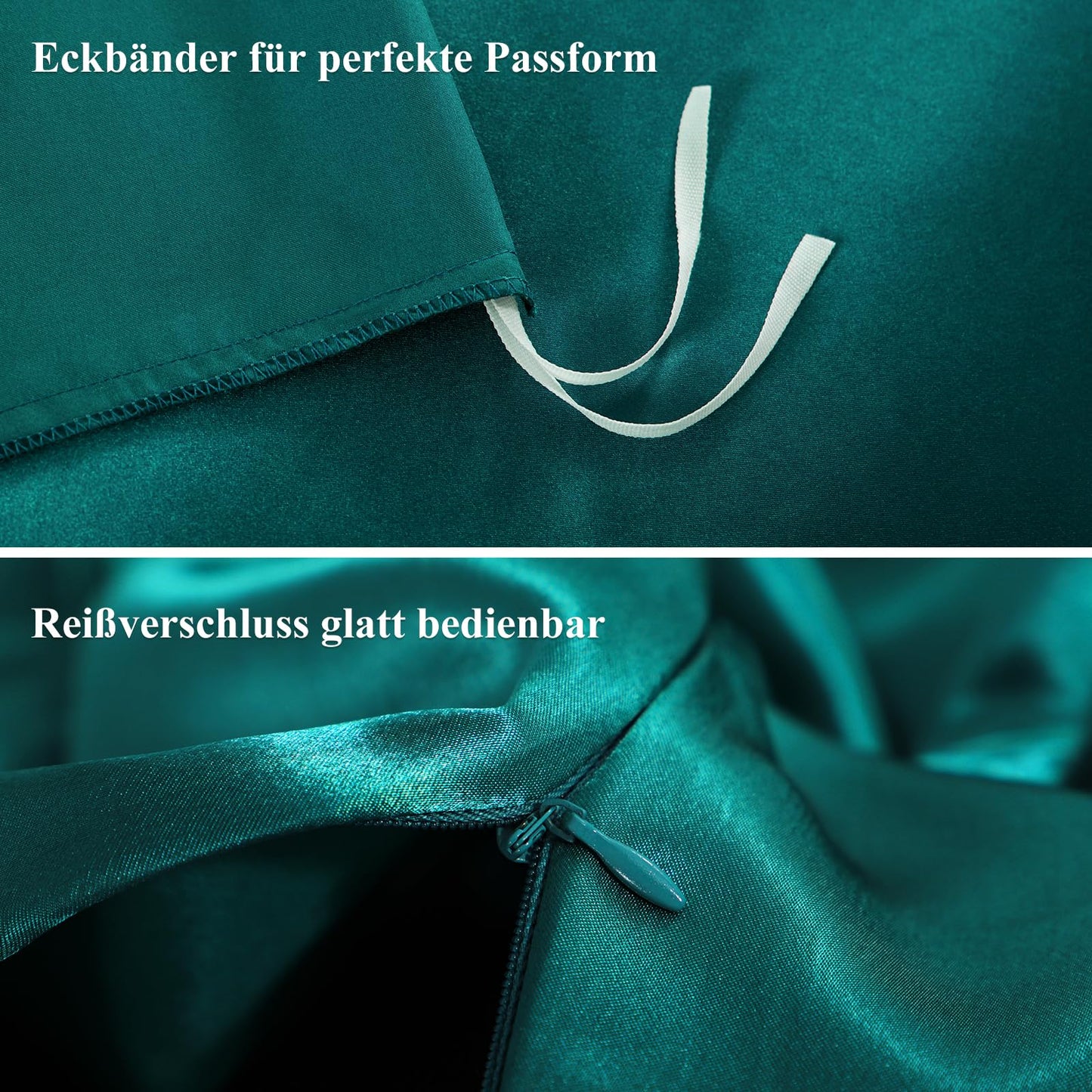 RUIKASI Satin Bedding 200x200 Green - Luxury duvet cover with a silk-like sheen. Dark green bedding set for hair and skin, shiny 200x200cm duvet cover with zipper and 80x80cm pillowcase.