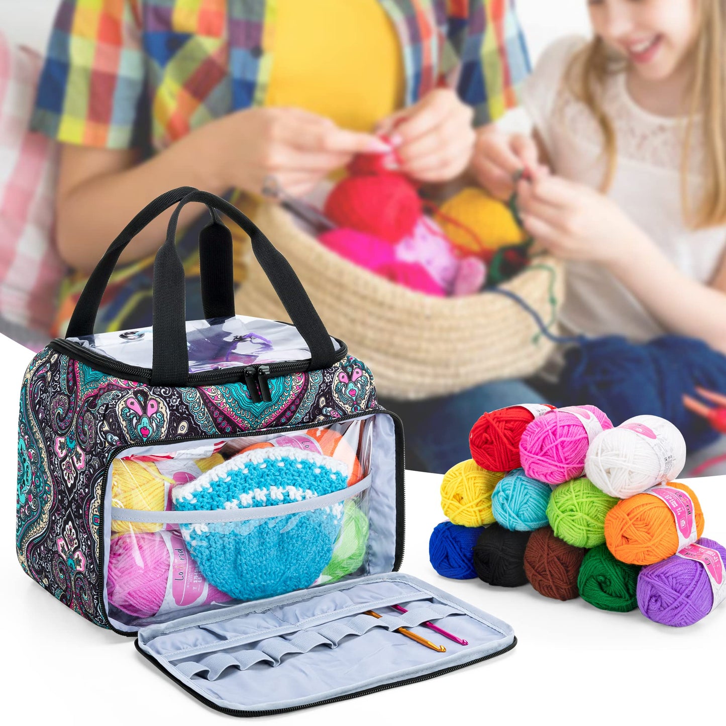LoDrid Small Yarn Storage Bag, Portable Knitting Bag for Knitting Set & Crochet Accessories, Travel Crochet Yarn Project Organizer for Knitting Accessories Set for Adults, Totem (Bag Only)