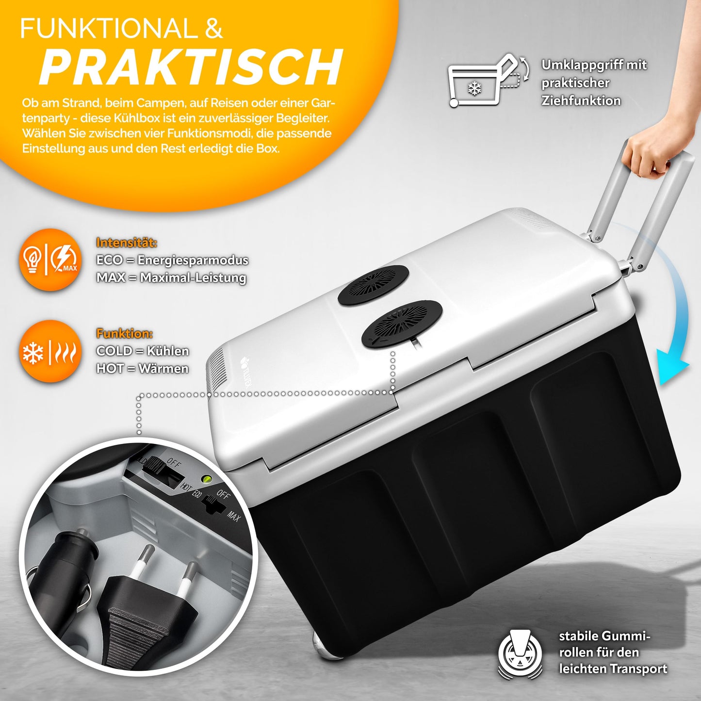 tillvex Electric Cooler Box 40L with Wheels | Mini Fridge 230V and 12V for Car Camping | cools & warms | ECO Mode (Anthracite)