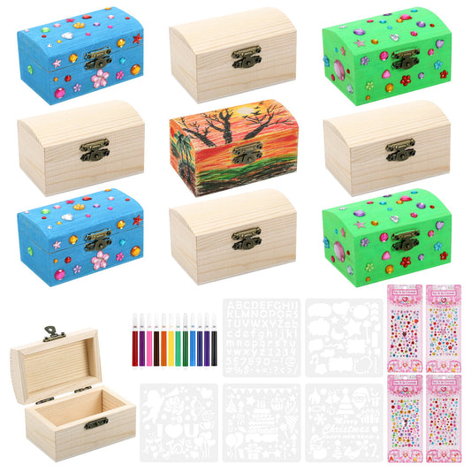 Fentar 10pcs Treasure Chest Kids Birthday, Wooden Treasure Chest Crafting Set, Small Treasure Chest for Kids, Wooden Box with Lid, Treasure Chest for Painting Kids Birthday with Markers Stickers