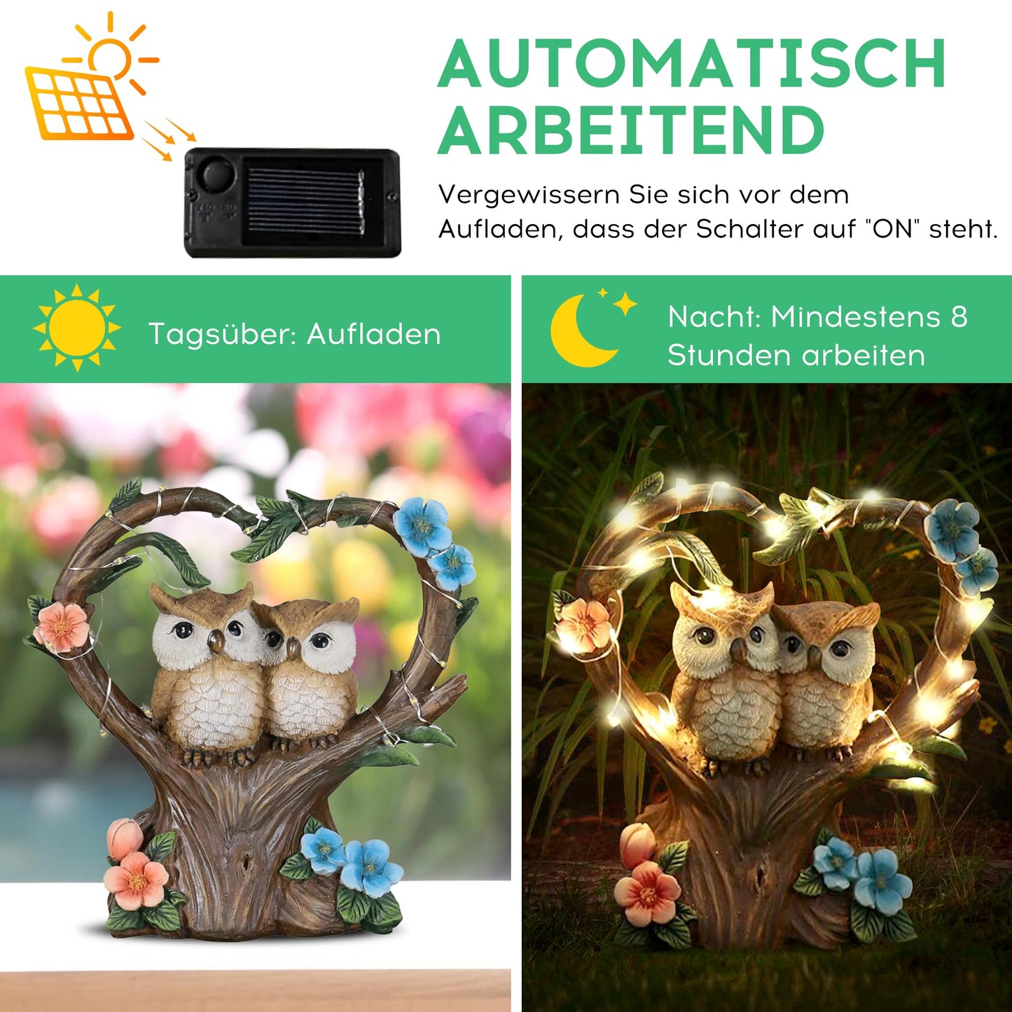Songyea outdoor garden decorations, weatherproof solar garden owl figures with LED lights, garden statues for balcony/terrace/lawn/room decor, mom/women.