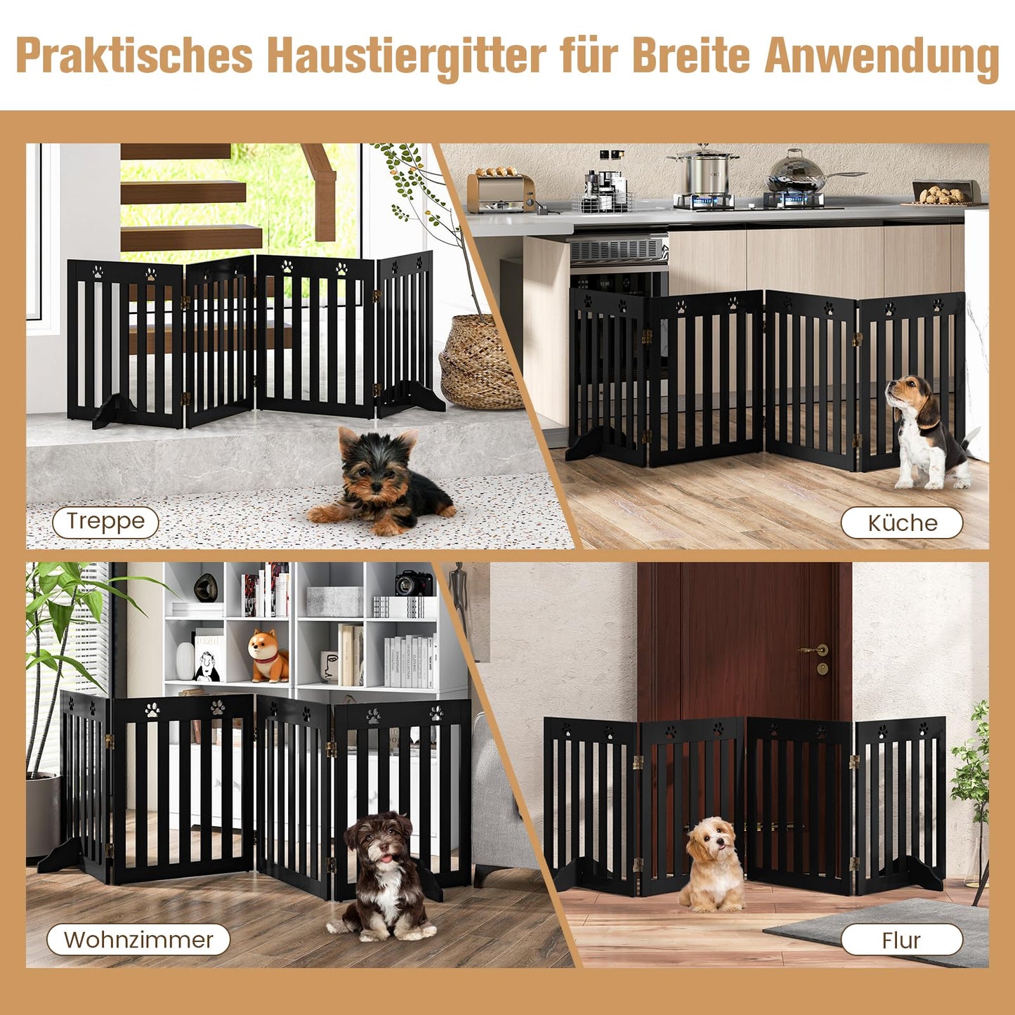 COSTWAY Dog Gate, Wooden Safety Gate, Foldable Baby Gate, 60cm High Stair Gate, Flexible Pet Gate Door Guard (4 Panels, Brown)