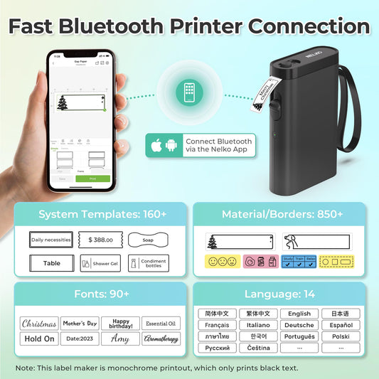 Nelko label printer, Bluetooth P21 self-adhesive labeling machine. Portable label printer, wireless, mini label printer with iOS and Android. For home use, black.