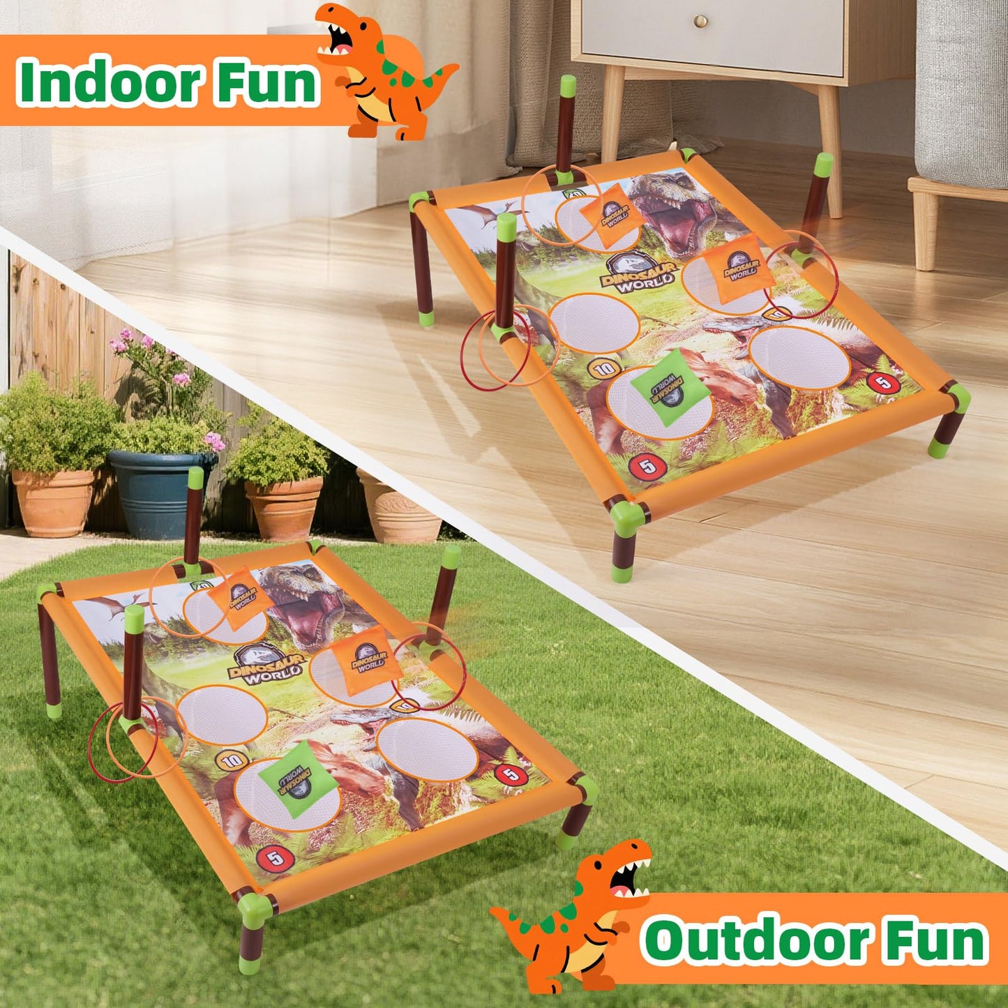 Cornhole game set with 6 bean bags and 3 balls, bean bag toss outdoor garden toy, portable 5-hole cornhole board toy for family kids outdoor activities (dinosaur).
