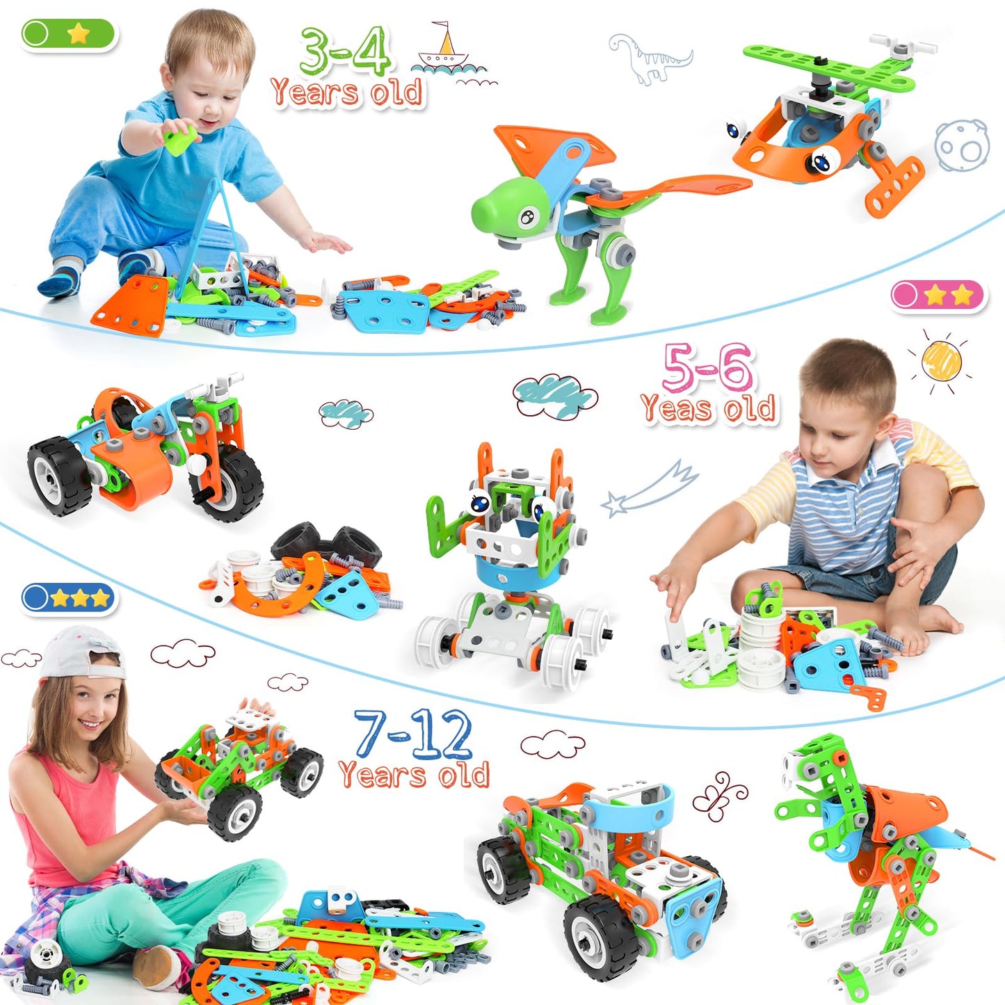 MOONTOY construction toy for boys aged 5-9, 218 pieces dinosaur building blocks toy for kids, 10-in-1 educational building set, great gift for boys and girls.