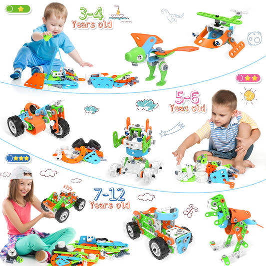 MOONTOY construction toy for boys aged 5-9, 218 pieces dinosaur building blocks toy for kids, 10-in-1 educational building set, great gift for boys and girls.