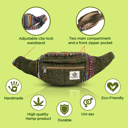 Freakmandu Unisex Hemp Fanny Pack - Boho Hippie Style, Handmade Hip Bag for Hiking, Running, Jogging, Men and Women, Safari.
