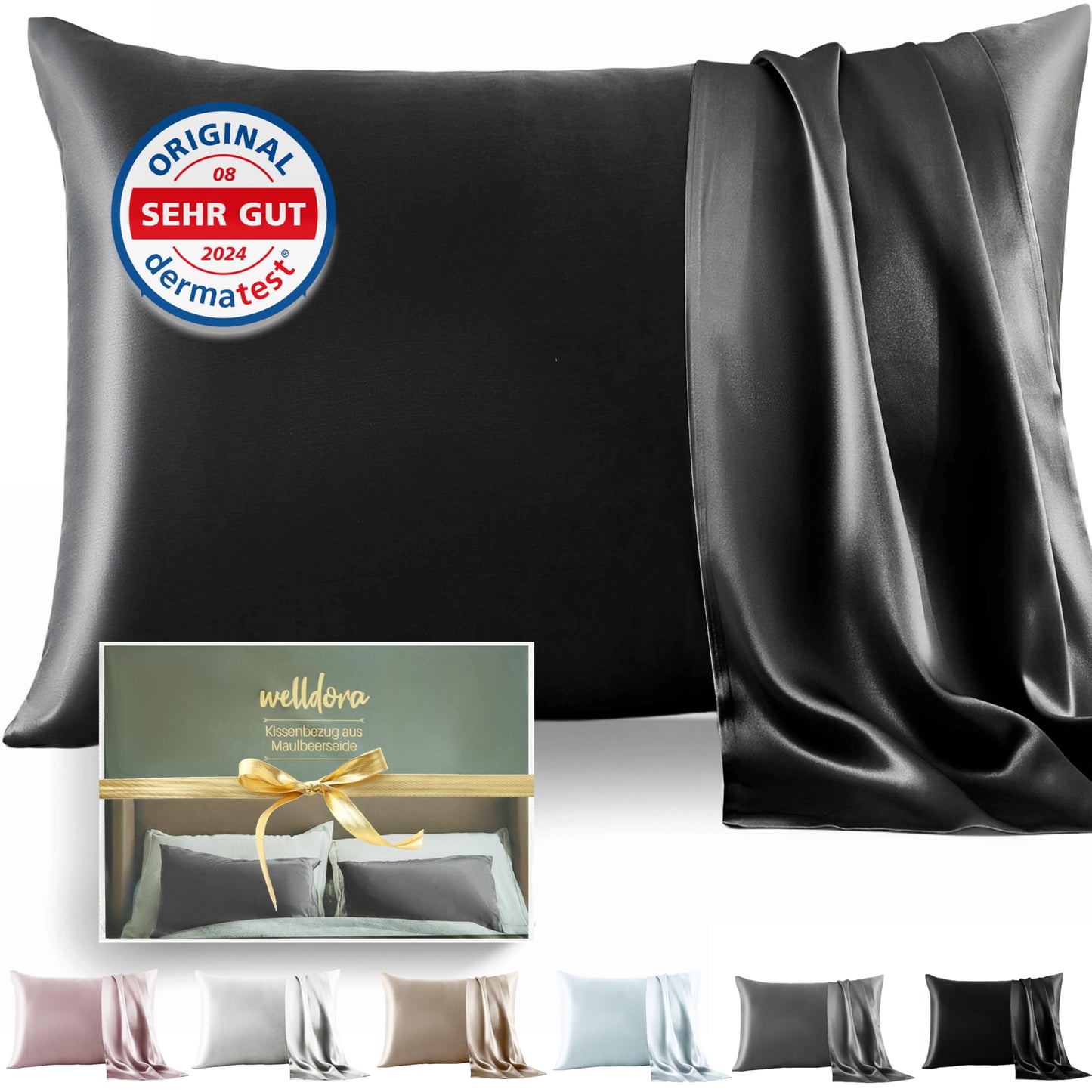 Welldora silk pillowcase 40x80 | 100% silk with 22 momme weight, great for skin and hair | Highest grade 6A | Certified in Switzerland | Oeko-Tex* silk pillowcase in graphite black