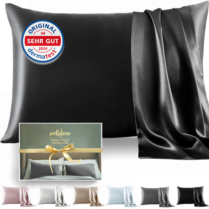 Welldora silk pillowcase 40x80 | 100% silk with 22 momme weight, great for skin and hair | Highest grade 6A | Certified in Switzerland | Oeko-Tex* silk pillowcase in graphite black