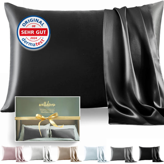 Welldora silk pillowcase 40x80 | 100% silk with 22 momme weight, great for skin and hair | Highest grade 6A | Certified in Switzerland | Oeko-Tex* silk pillowcase in graphite black