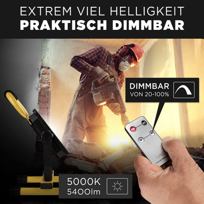 Luxari LED construction spotlight [60W & 5400LM] - Dimmable construction lamp IP65 waterproof − 5m cable & remote control − Work light LED spotlight − Energy efficiency class A+