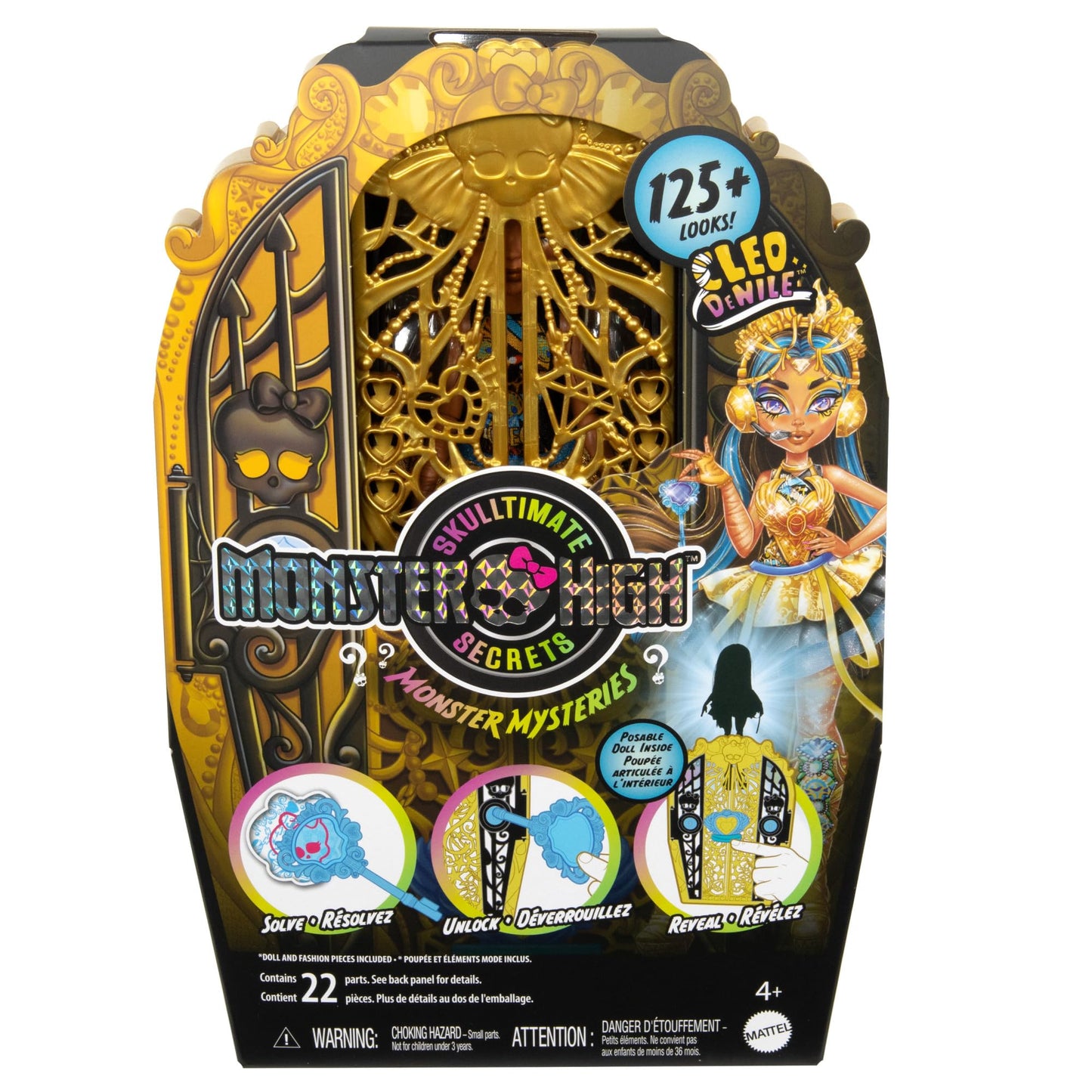 Monster High Skulltimate Secrets doll and accessory set, Monster Mysteries Cleo De Nile with wardrobe and over 19 surprises including clothing, HXH86.