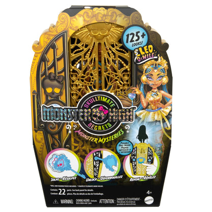 Monster High Skulltimate Secrets doll and accessory set, Monster Mysteries Cleo De Nile with wardrobe and over 19 surprises including clothing, HXH86.