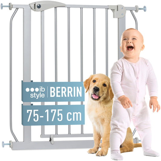 ib style door safety gate Berrin 75-175 cm, stair gate for babies, no drilling, barrier gate for toddlers, children, dogs, grey, 140-150 cm