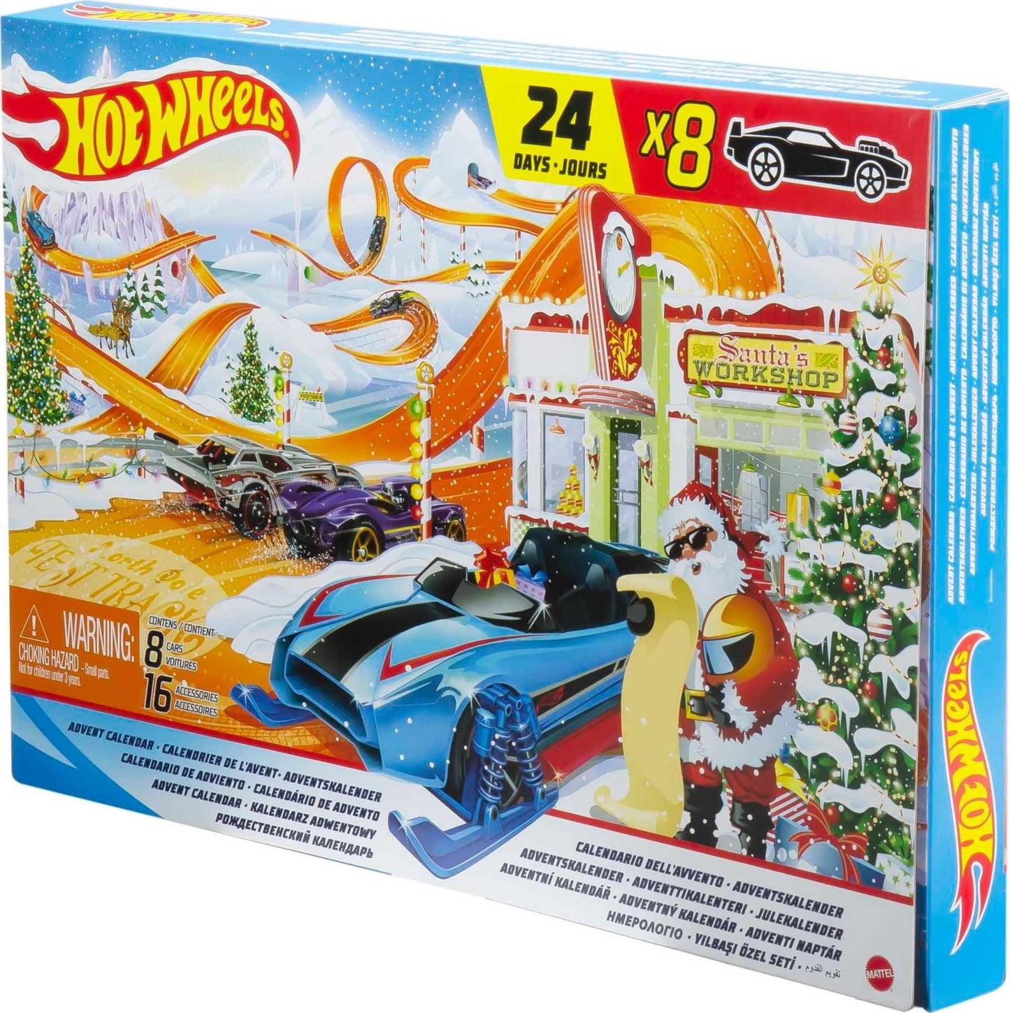 Hot Wheels Advent Calendar with 24 surprises, including 8 1:64 scale vehicles and other cool accessories, plus a play mat. Perfect Christmas gift for collectors and kids ages 3 and up. GTD78.