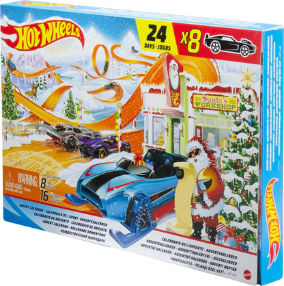 Hot Wheels Advent Calendar with 24 surprises, including 8 1:64 scale vehicles and other cool accessories, plus a play mat. Perfect Christmas gift for collectors and kids ages 3 and up. GTD78.