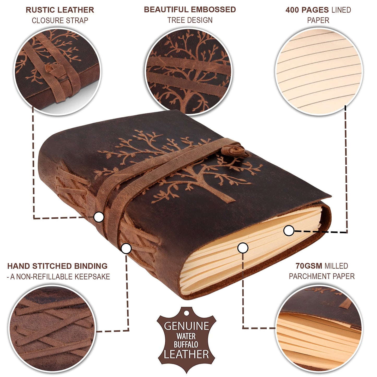 Moonster Leather Notebook Tree of Life - 400 Kraft Paper Pages Medium Wide Lined Leather Notebook, 20x15cm - Adult Lined Diary - Writer's Accessory - Journal - Condolence Book
