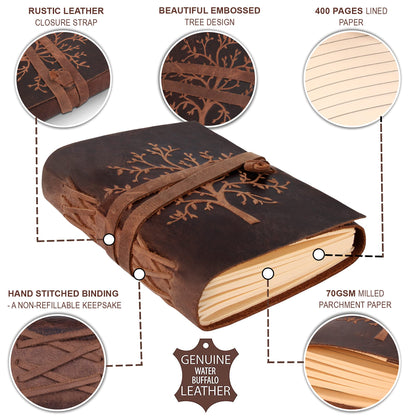 Moonster Leather Notebook Tree of Life - 400 Kraft Paper Pages Medium Wide Lined Leather Notebook, 20x15cm - Adult Lined Diary - Writer's Accessory - Journal - Condolence Book