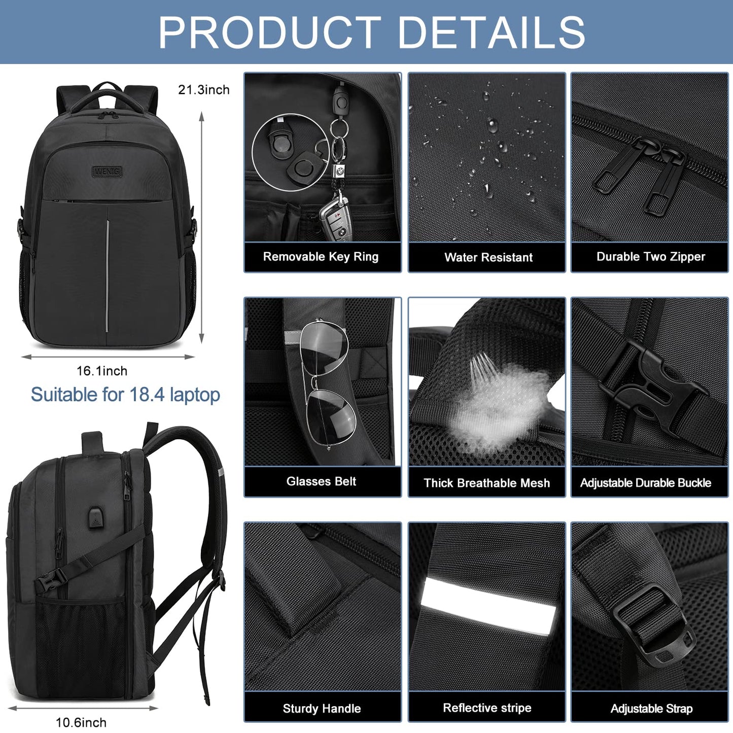 Extra Large Backpack for Men 55L, 18.4 Inch Laptop for School Work with USB Charging Port Waterproof Business Travel Notebook Bag School Backpack for Men Women Boys Teenagers Black