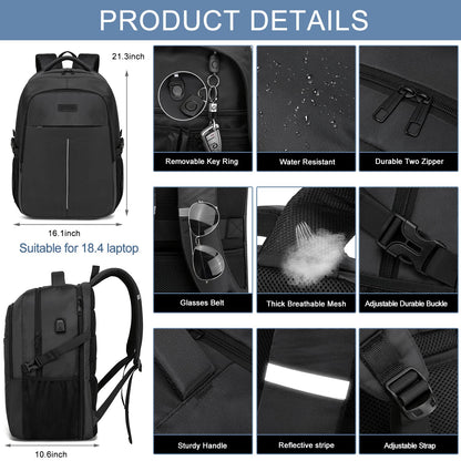 Extra Large Backpack for Men 55L, 18.4 Inch Laptop for School Work with USB Charging Port Waterproof Business Travel Notebook Bag School Backpack for Men Women Boys Teenagers Black