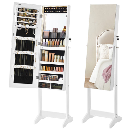 SONGMICS Jewelry Cabinet, Mirrored Cabinet with Frameless Full-Length Mirror, LED Lighting, Inner Mirror, 2 Drawers, Lockable, Cloud White JJC023W01
