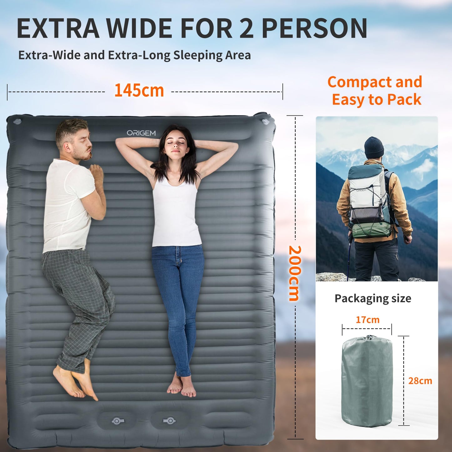 Origin Isomatte Self-Inflating 2 Person, 14CM Ultralight Air Mattress Camping Inflatable Small Pack Size with Foot Pump, Oversized Mattress for Tent, Backpacking, Hiking, and Camping