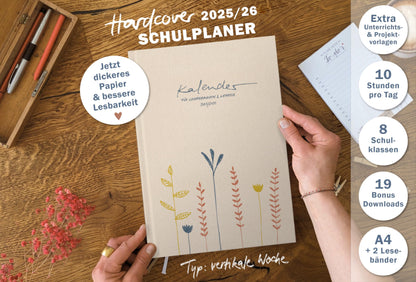 One of the Good Teacher Planners 2025-2026, A4 size, 1 double page per week, academic calendar for school year 25/26, Cream Beige with Flowers, sustainable & climate-neutral.